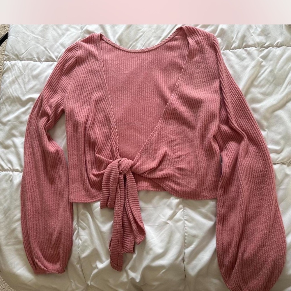 Pink Ribbed Tie-Front Top